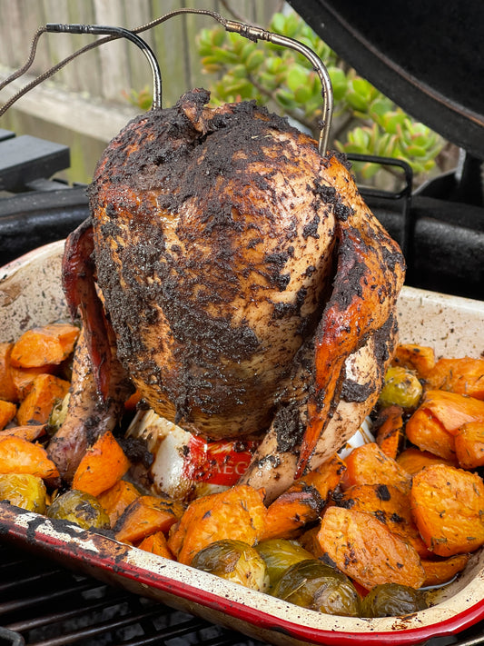 JAMMIN' JERK BBQ BEER-CAN CHICKEN WITH SWEET POTATO WEDGES